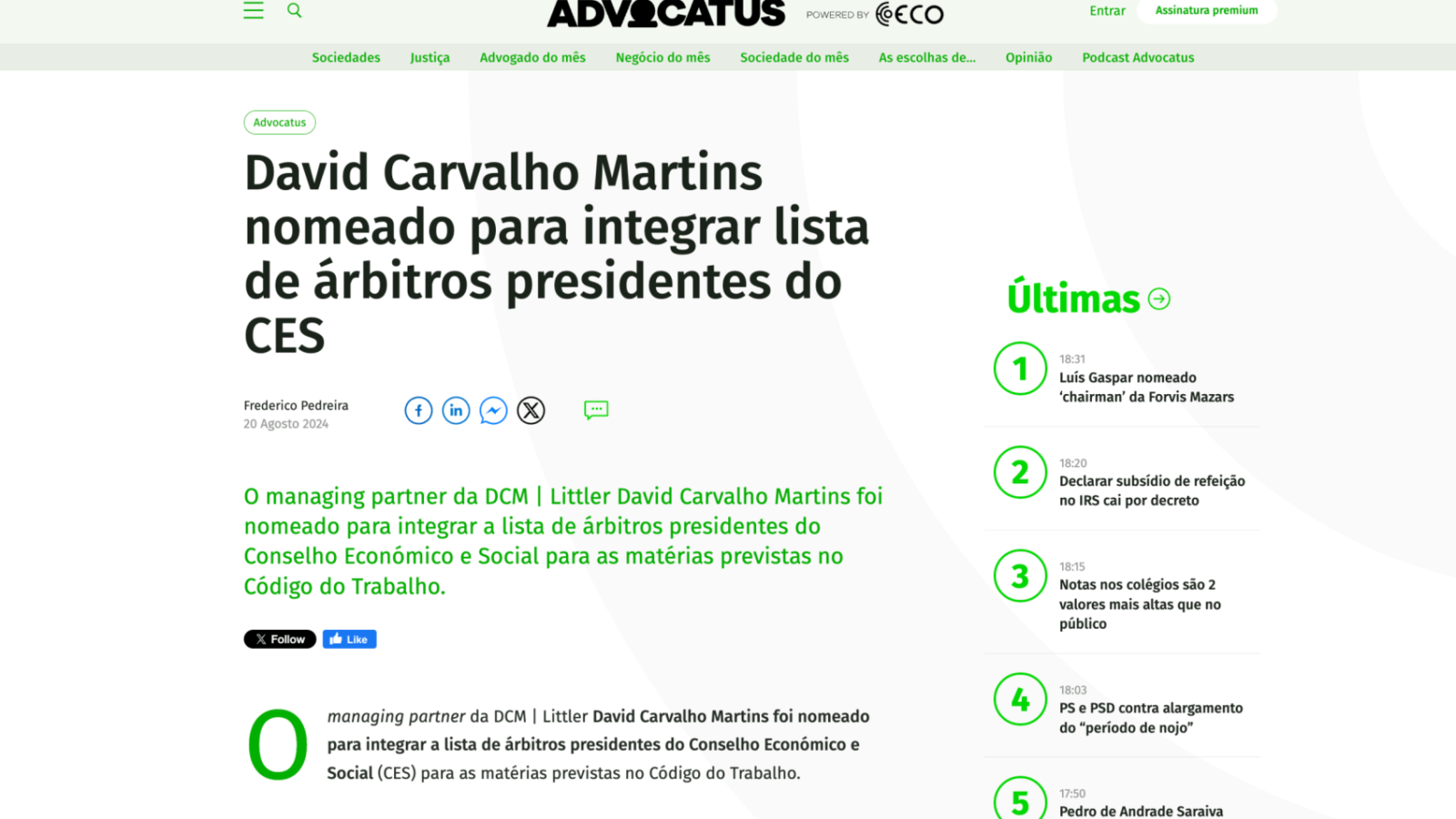 David Carvalho Martins nomeado para integrar lista de árbitros presidentes do CES